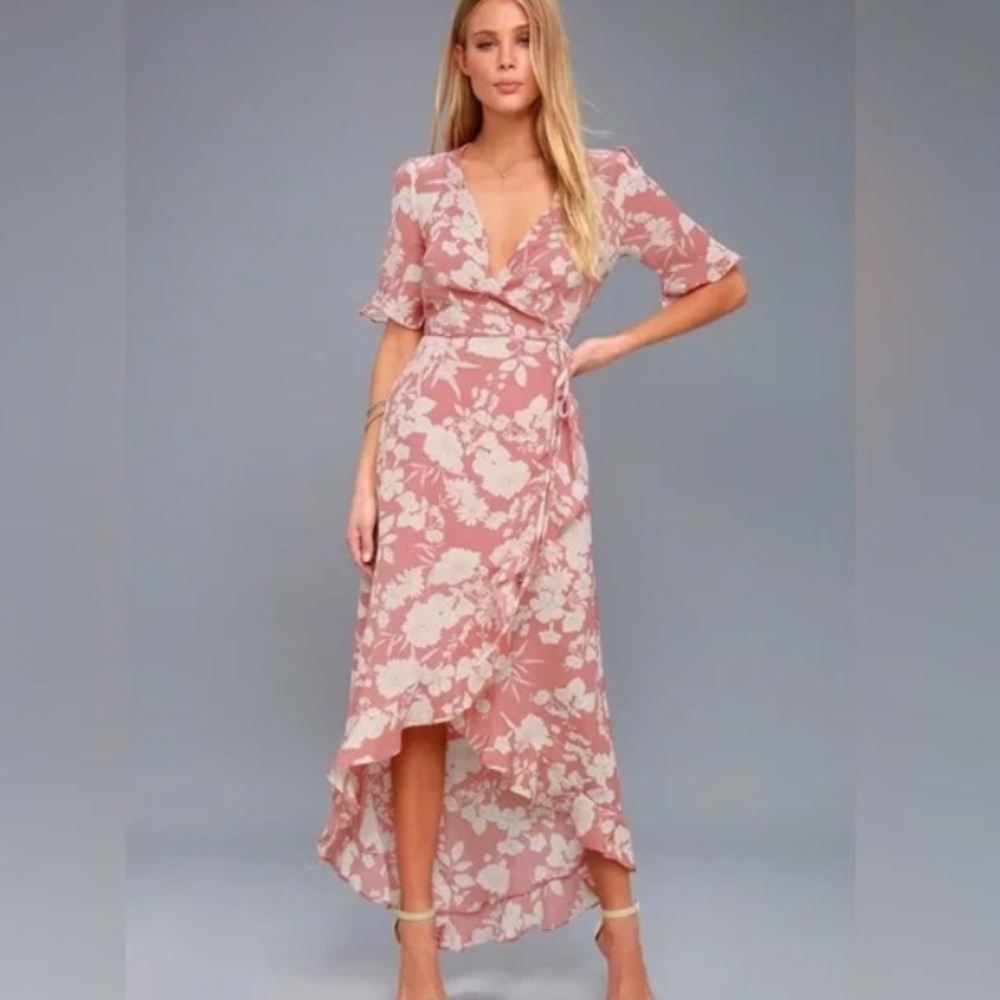 Wild Winds Pink Floral Print High-Low Wrap Dress